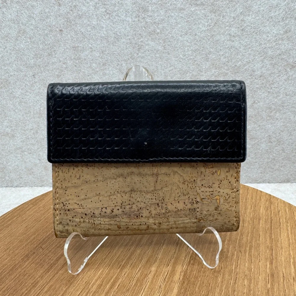 Leather Cork‎ Trifold Wallet OS Black Tan Boho Natural Eco Friendly 5x4